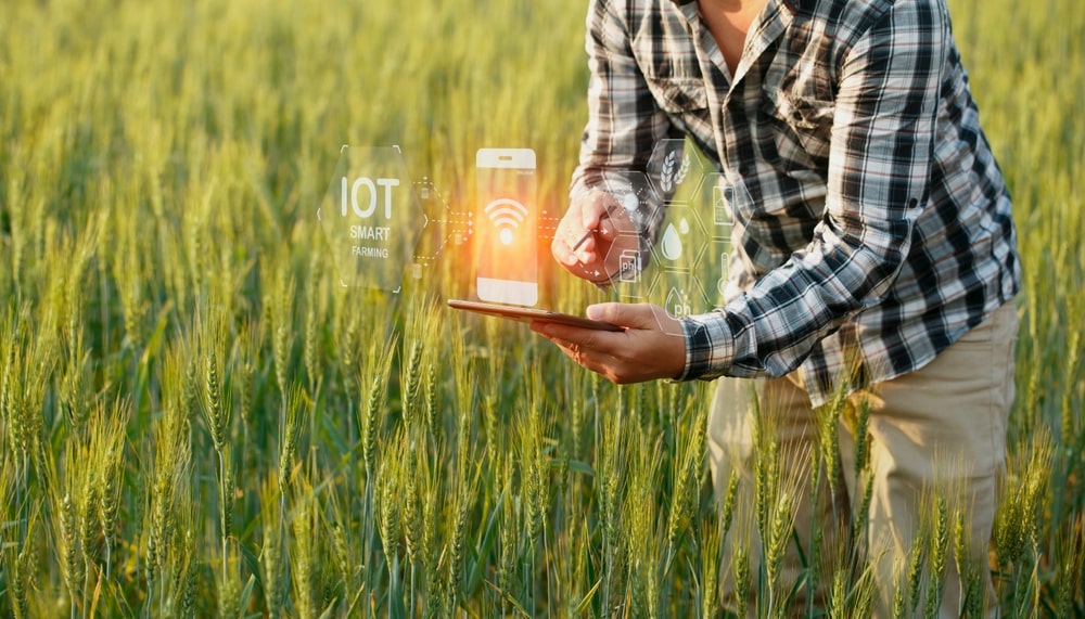 smart farmer using digital tablet computer for smart irrigation system